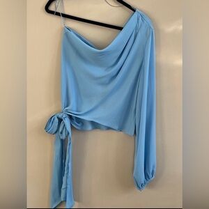 Krisa baby blue cowl neck one shoulder tie top blouse size large new
